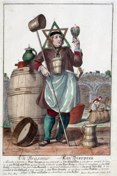 Representación de un cervecero con una fuente, un vaso, una jarra, un cubo, un barril, un mazo, un cuenco, un broc, una caldera (grabado por Martin Engelbrecht) de Martin Engelbrecht