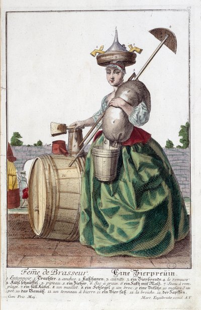 Representación de la esposa de un cervecero, llevando un embudo en la cabeza, una bolsa de grano, un cuenco, un cubo, un barril de cerveza. Grabado por Martin Engelbrecht de Martin Engelbrecht