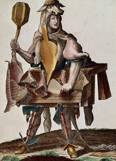 El carnicero, grabado de Assemblage des nouveau manouvries habilles Martin Engelbrecht (1684-1756), Alemania de Martin Engelbrecht