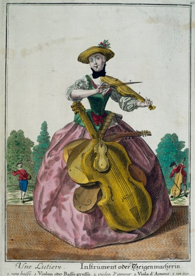 Une Lutiere, Lutista con viola, violonchelo y violín, por Martin Engelbrecht (1684-1756), impresión en color, Francia de Martin Engelbrecht