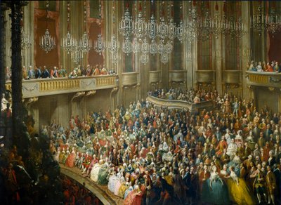Fiesta en honor de María Teresa de Austria (1717-1780), José II (1741-1790) que se convirtió en emperador y esposa de Isabel de Parma (Borbón-Parma) el 10/10/1760 el joven Wolfgang Amadeus Mozart (1756-1791) está presente. Pintura de la Escuela de Viena de Martin II (school of) Mytens or Meytens