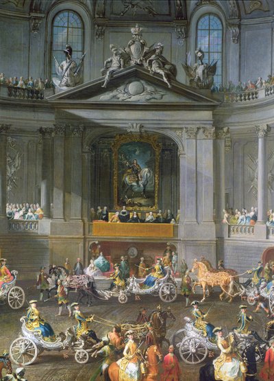 Cabalgata en la Escuela de Invierno de Viena celebrando la derrota del ejército francés en Praga mostrando el retrato ecuestre del emperador Carlos VI, 1743 (detalle) de Martin II Mytens or Meytens