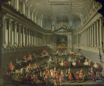 Una cabalgata en la Escuela de Equitación de Invierno de la Hof de Viena para celebrar la derrota del ejército francés en Praga, 1743 de Martin II Mytens or Meytens