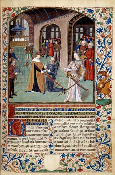 Alegoría de la Virtud: vasallo rindiendo tributo a su señor en presencia de la Virtud. Miniatura de 