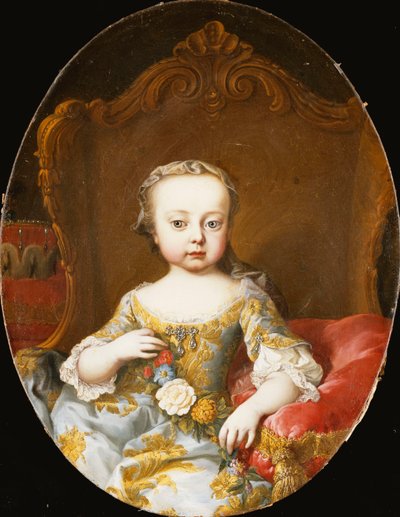 Retrato de su hermana, la archiduquesa María Cristina, sentada, tres cuartos de longitud, con un vestido azul bordado en oro, sosteniendo una guirnalda de flores de Martin Meytens the Younger