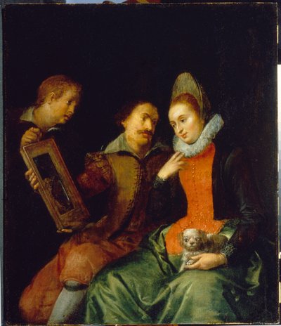 Alegoría de la vista. Una joven cargando un pequeño perro se mira en un espejo sostenido por un hombre y un adolescente que la miran fijamente. Pintura de Marten Pepyn (Pepin) (1575-1643), óleo sobre lienzo, principios del siglo XVII, arte flamenco. colecc de Martin Pepyn or Pepin