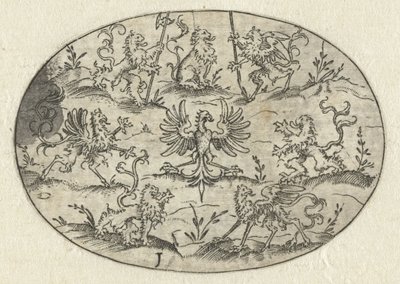 Óvalo con águila rodeada de leones y criaturas fantásticas Nev Thier Bvechlein (título de la serie) de Martin Pleginck