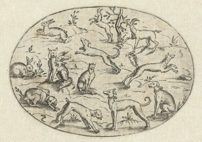 Óvalo con perros, cabras y conejos Nev Thier Bvechlein (título de la serie) de Martin Pleginck
