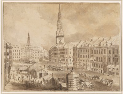 Nytorv y Gammel Torv en Copenhague con las agujas de las iglesias de San Pedro y Nuestra Señora de Martin Rudolf Heland