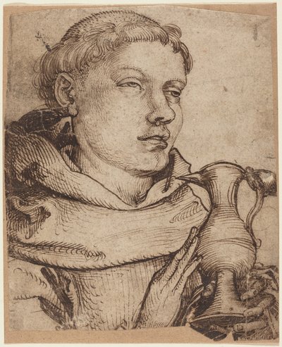 Busto de un monje asistiendo a la comunión de Martin Schongauer