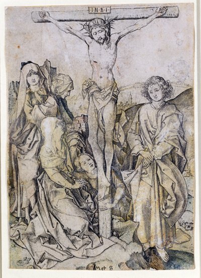 Cristo en la Cruz, con la Virgen y San Juan (grabado) de Martin Schongauer
