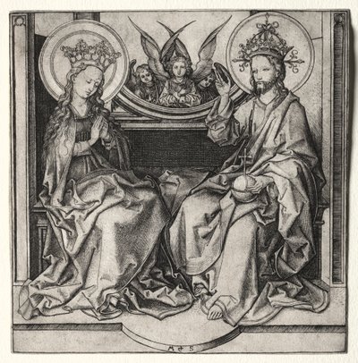 Dios Padre y la Virgen María en el trono asistidos por ángeles de Martin Schongauer