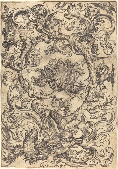 Ornamento con búho burlado por aves diurnas de Martin Schongauer