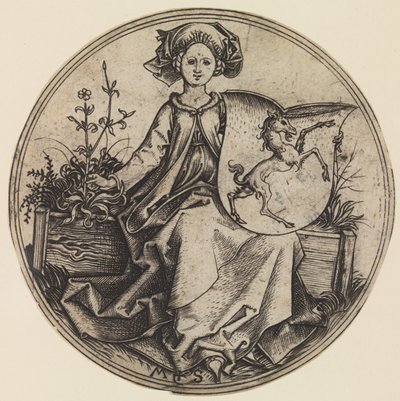 Dama Sentada Sosteniendo un Escudo con un Unicornio de Martin Schongauer