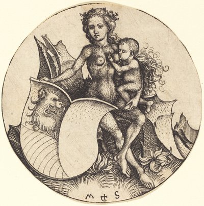 Escudo con cabeza de león, sostenido por mujer salvaje de Martin Schongauer