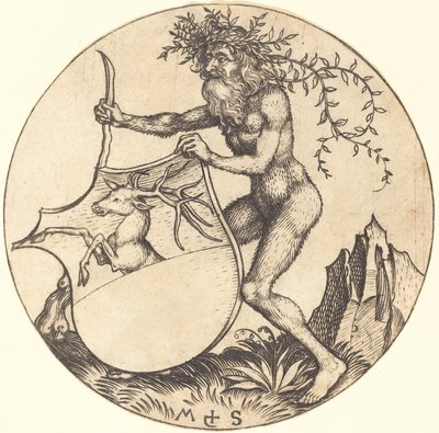 Escudo con ciervo, sostenido por hombre salvaje de Martin Schongauer
