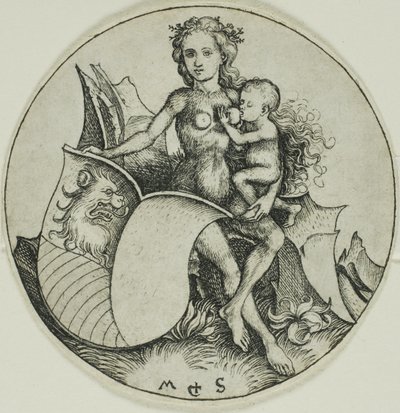 Escudo con cabeza de león, sostenido por una mujer salvaje de Martin Schongauer
