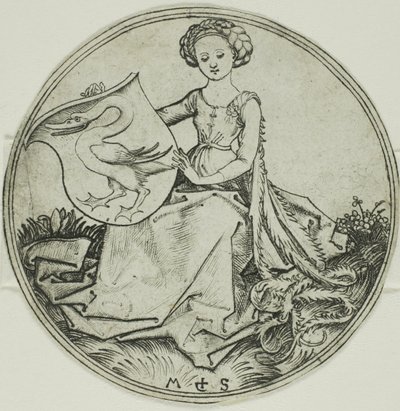 Escudo con un cisne, sostenido por una dama sentada de Martin Schongauer