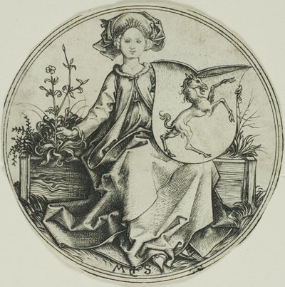 Escudo con un unicornio, sostenido por una dama de Martin Schongauer