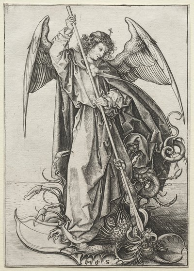 El Arcángel Miguel perforando al Dragón de Martin Schongauer