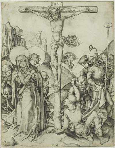 La Crucifixión con las Santas Mujeres, San Juan y los soldados romanos de Martin Schongauer