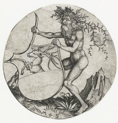 Escudo de armas con un ciervo, sostenido por un hombre salvaje con un garrote Figuras con escudos de armas (título de la serie) de Martin Schongauer