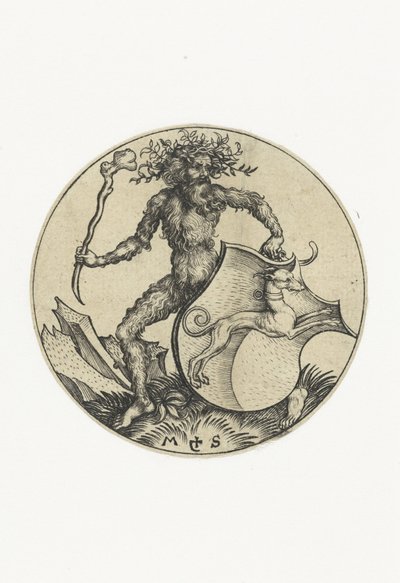 Escudo de armas con un perro, sostenido por un hombre salvaje con un garrote Figuras con escudos de armas (título de la serie) de Martin Schongauer