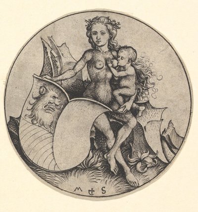 Mujer Salvaje Sosteniendo un Escudo con Cabeza de León de Martin Schongauer