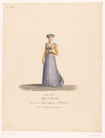 Kostuum van Marie Marcel uit de tragedie Marcel Marie, hija de Marcel (título sobre objeto) Theatrekostuums (título de la serie) Teatro Francés: colección de vestuario de MM. J. Alaux y L. Duponchel a partir de dibujos manuscritos en la Comédie Library de Martin Sylvestre Baptiste