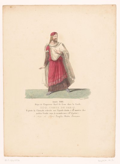 Kostuum van Odo I, koning van West-Francië uit de tragedie El asedio de París Odo, Conde de París (título sobre el objeto) Theatrekostuums (título de la serie) Teatro Francés: colección de vestuario de MM. J. Alaux y L. Duponchel a partir de los dibujos ma de Martin Sylvestre Baptiste