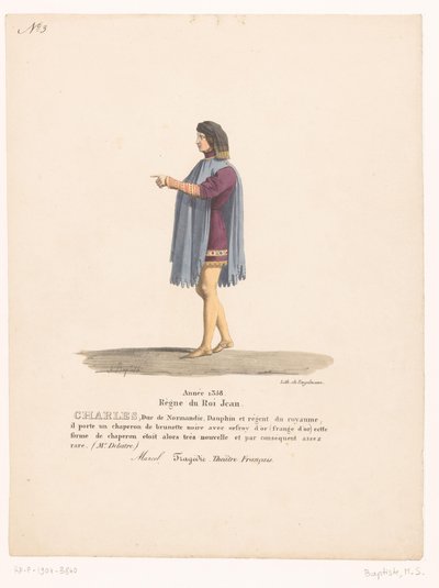 Kostuum van de delfín Karel van Valois uit de tragedie Marcel Carlos, duque de Normandía (título sobre el objeto) Theatrekostuums (título de la serie) Teatro Francés: colección de vestuario de MM. J. Alaux y L. Duponchel a partir de dibujos manuscritos en  de Martin Sylvestre Baptiste