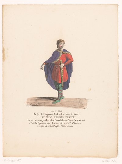 Kostuum van de jonge Frank Osvin uit de tragedie El asedio de París Osvin, joven Frank (título sobre objeto) Theatrekostuums (título de la serie) Teatro Francés: colección de vestuario de MM. J. Alaux y L. Duponchel a partir de dibujos manuscritos en la Bi de Martin Sylvestre Baptiste