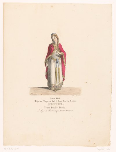 Kostuum van koningin Berthe uit de tragedie El asedio de París Berthe (título sobre el objeto) Theatrekostuums (título de la serie) Teatro Francés: colección de vestuario de MM. J. Alaux y L. Duponchel basado en dibujos manuscritos de la Bibliothèque de la de Martin Sylvestre Baptiste
