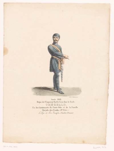 Kostuum van ridder Théobald uit de tragedie El asedio de París Theobald (título sobre el objeto) Theatrekostuums (título de la serie) Teatro Francés: colección de vestuario de MM. J. Alaux y L. Duponchel a partir de dibujos manuscritos en la Comédie Librar de Martin Sylvestre Baptiste