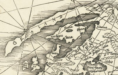 Mapa de 1513 del Mar del Norte que muestra Groenlandia unida a Escandinavia de Martin Waldseemuller