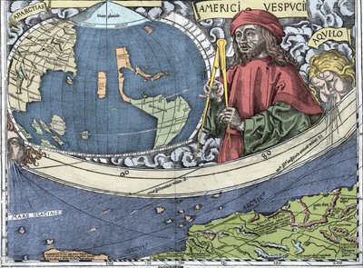 Amerigo Vespucci (1454-1512). Explorador y cartógrafo italiano en el “mapa de Waldseemuller o Cosmografía Universal - Planisferio de Waldseemuller” - 1507 de Martin Waldseemuller