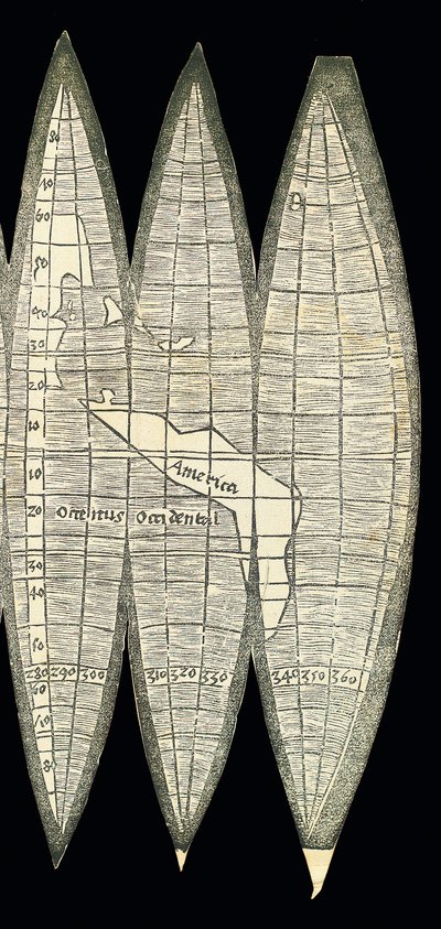 Mapa del mundo en forma de un conjunto de gajos de globo terráqueo, 1507 de Martin Waldseemuller