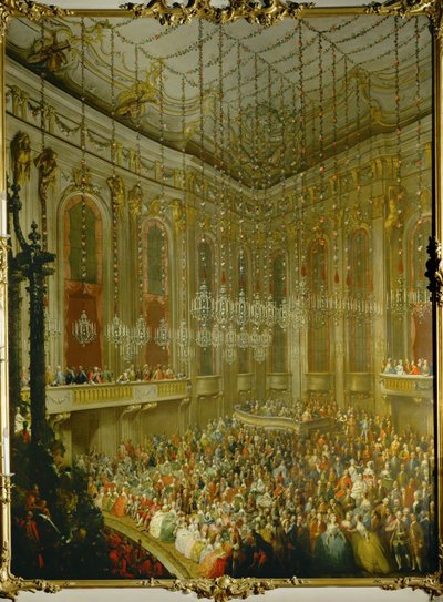 Concierto de boda del emperador José II e Isabel de Parma; serenata en la Redoutensaal del Palacio Imperial de Viena ... (óleo sobre lienzo) de Martin van Mytens or Meytens