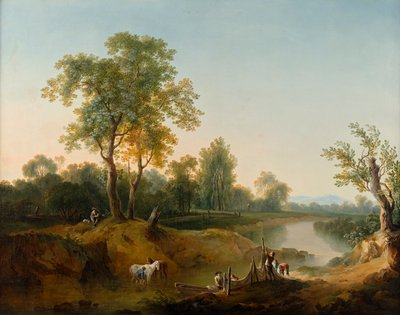 Jinetes y pescadores en un paisaje fluvial de Martin von Molitor