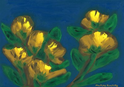 Rosas amarillas cielo nocturno composición marrón amarillo azul de Martina Konitzky