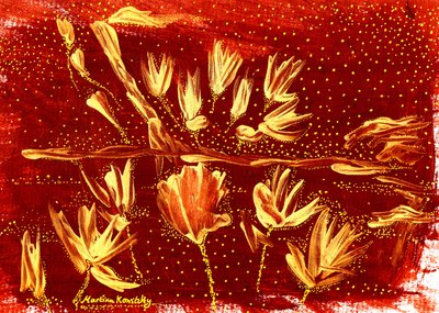 Paisaje con flores y cielo estrellado marrón dorado de Martina Konitzky