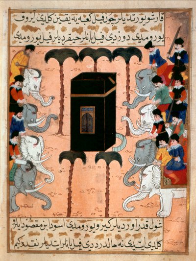 El líder cristiano de Etiopía intenta destruir la Kaaba con sus brazos de elefantes en miniatura tomados de "Siyer-i Nebi" (Siyer i Nebi) poema épico sobre la vida del profeta Mahoma Era escrito por Mustafa, hijo de Yusuf d