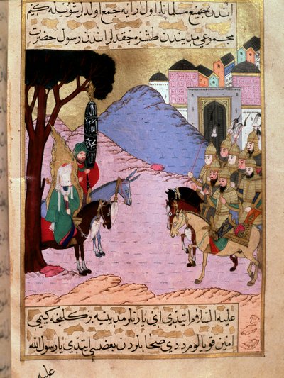 El Profeta Muhammad, que representa la cara oculta, intenta convencer a los mecanos de que esperen en Medina la llegada de las armeas enemigas de los qurayshitas (o koraishitas). Lucharán en la batalla de Uhud Miniatura extraída de "Siyer-i Nebi" (Siyer de Martino Bassi