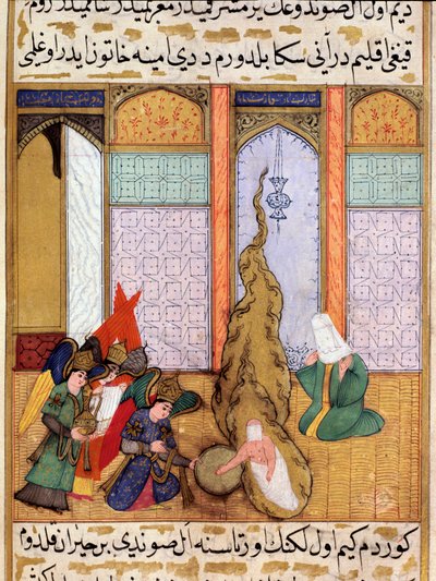 El nacimiento del profeta Mahoma Miniatura extraída de "Siyer-i Nebi" (Siyer i Nebi) poema épico que relata la vida del profeta Mahoma escrito por Mustafá, hijo de Yusuf de Erzurum bajo el gobierno de Murad III (1574-1595). Miniatura de Lutfi Abdullah (d de Martino Bassi
