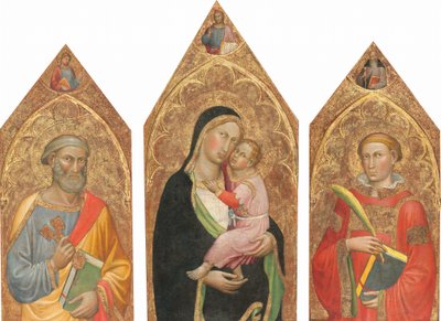Madonna y el Niño con el Cristo bendiciendo, y los santos Pedro, Santiago el Mayor, Antonio Abad y un santo diácono (tríptico completo) de Martino di Bartolomeo