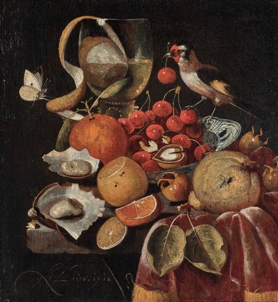 Naturaleza muerta de frutas con un jilguero de Martinus Nellius