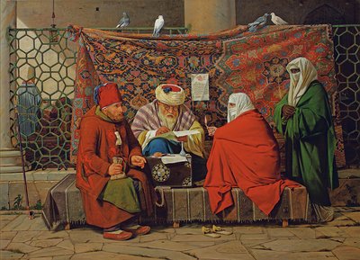 Un Notario Turco Redactando un Contrato de Matrimonio frente a la Mezquita Kilic Ali Pasha, Tophane, Constantinopla de Martinus Rorbye