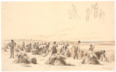 Trabajadores de la cosecha en el campo. En el fondo, molinos y el mar de Martinus Rørbye