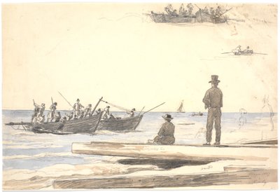 Dos barcos pesqueros navegando hacia la playa de Skagen de Martinus Rørbye