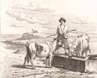 Un pastor junto a un abrevadero. Ilustración para Chr. Winther "Veinticinco Imágenes para Niños Pequeños" de Martinus Rørbye